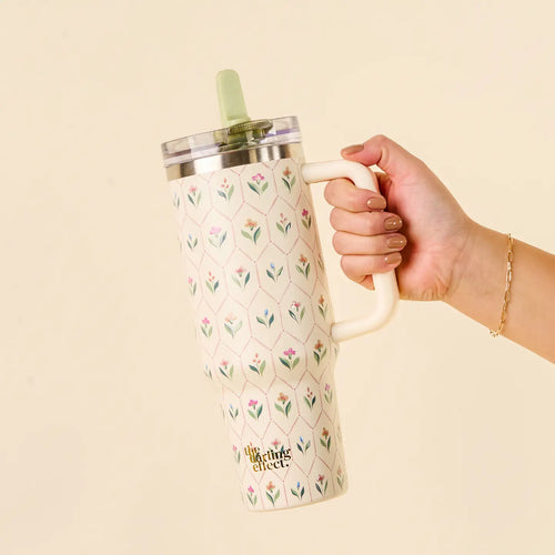 Ivory and pink floral travel tumbler