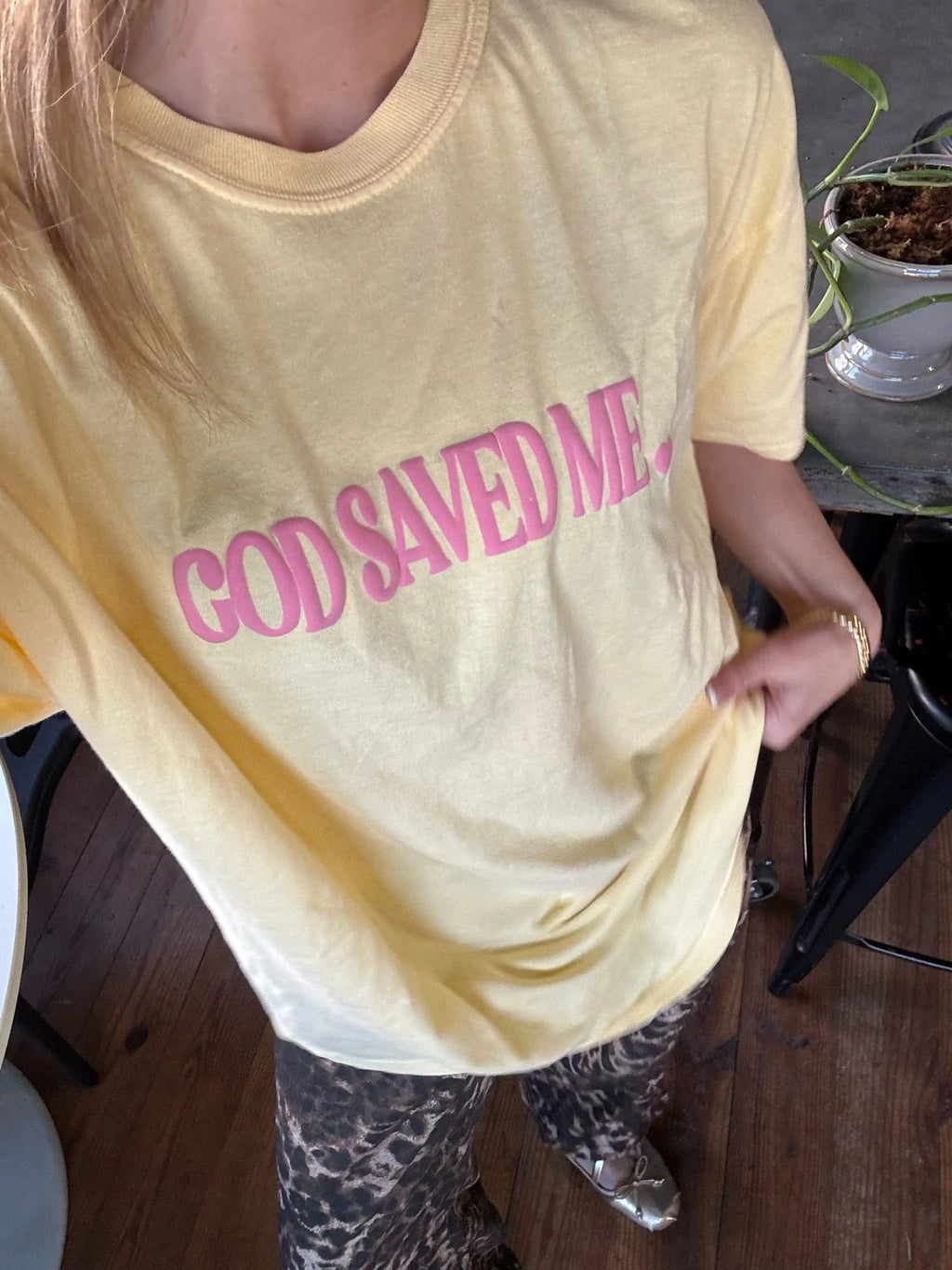 Distressed Vintage couture yellow God saved me graphic tee