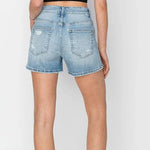 Risen high rise side slit distressed denim shorts