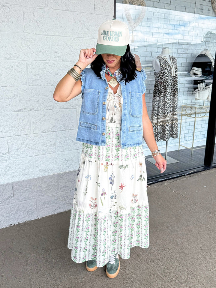 ruffle hem denim vest over dress