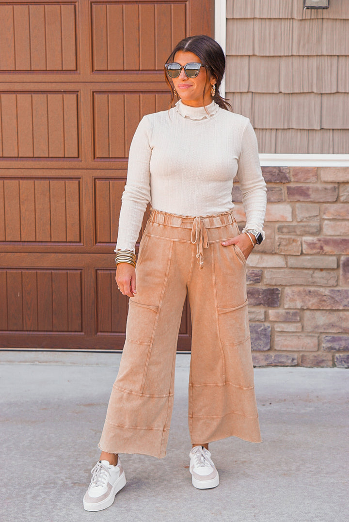 French terry knit wide leg pants in mineral washed caramel by Easel