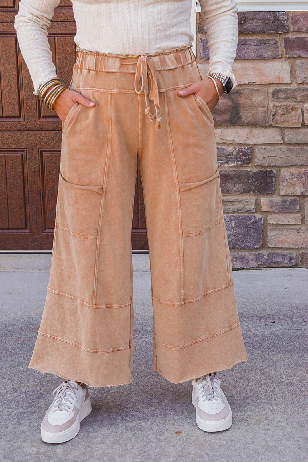 French terry knit wide leg pants in mineral washed caramel by Easel showing up close front view