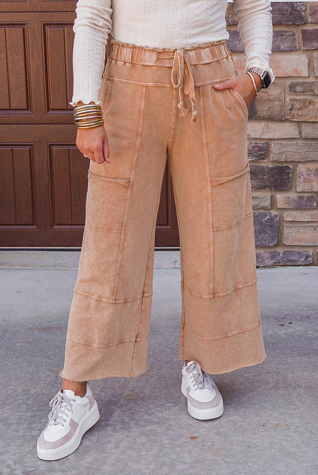 Women's trendy french terry knit wide leg pants in mineral washed caramel by Easel