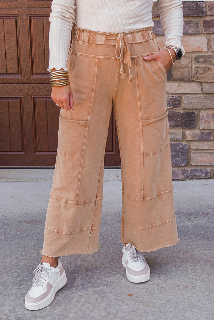 Women's trendy french terry knit wide leg pants in mineral washed caramel by Easel