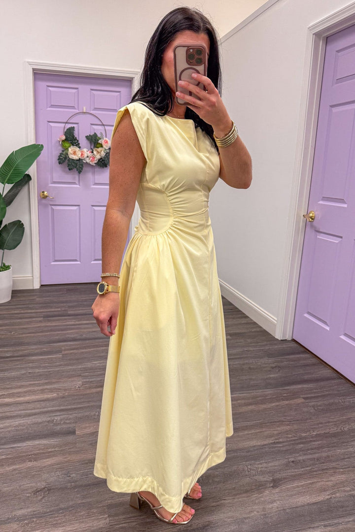 Side view of yellow midi dress for special events