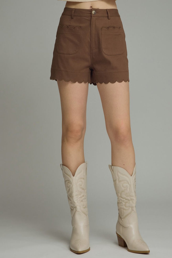 Entro brown twill scalloped shorts with scalloped trim details ans front scalloped pockets