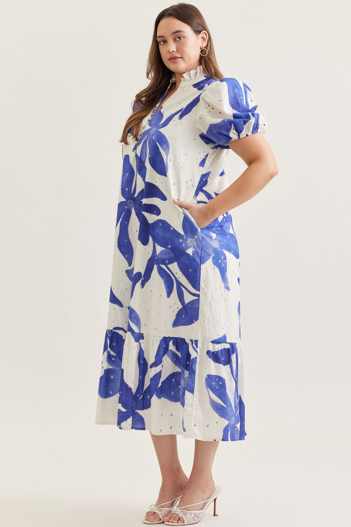 Entro royal blue floral print midi dress with embroidery eyelet details in a flattering plus size fit
