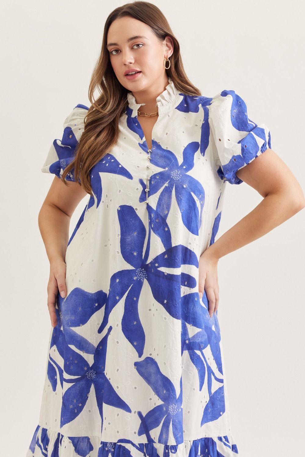 Entro Cream And Royal And Floral Print Eyelet Midi Dress – Purple Door Boutique