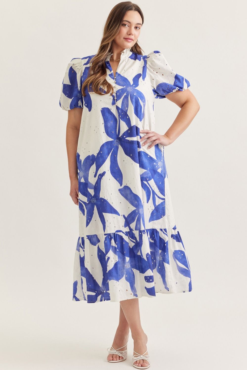 Entro royal blue floral print plus size midi dress with embroidery eyelet details