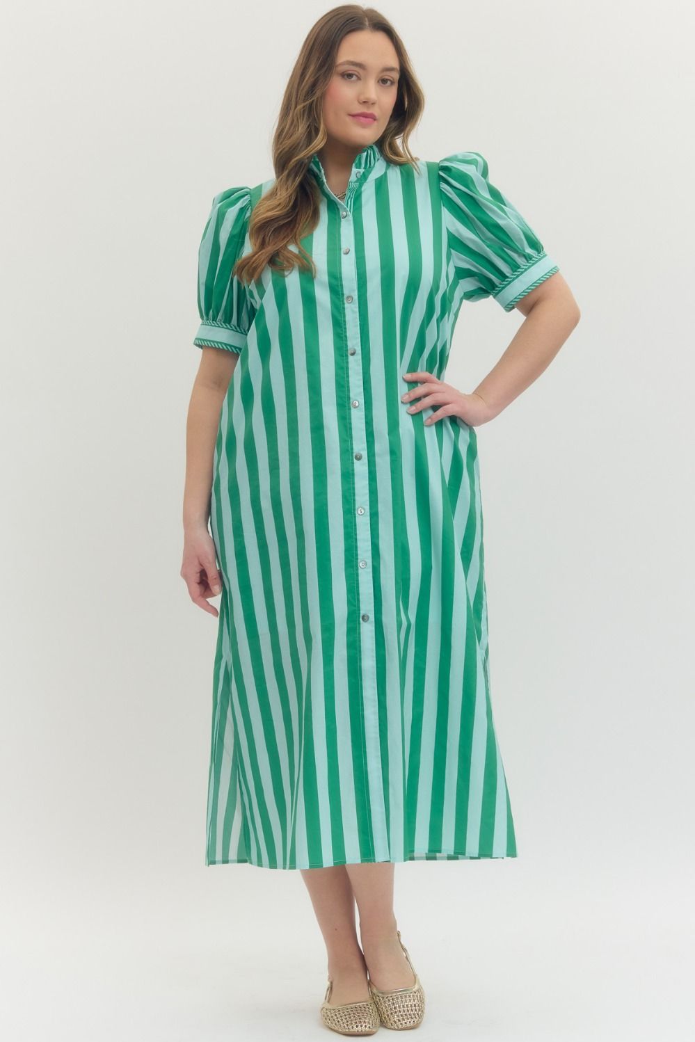 Entro green and mint striped button down poplin midi dress in plus size