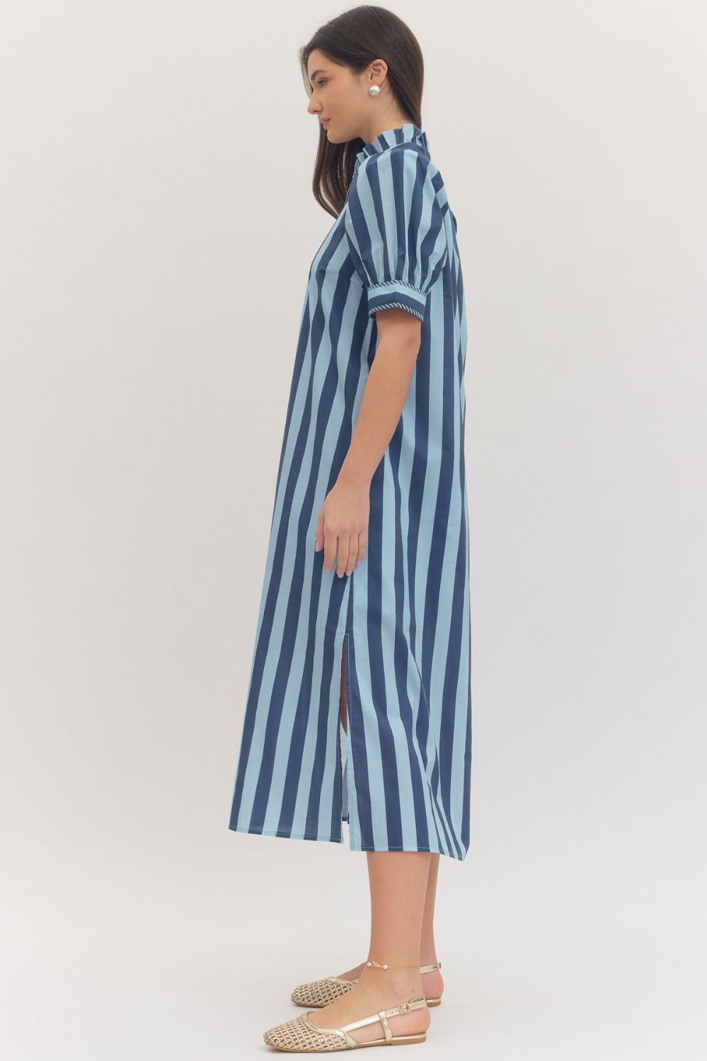plus size navy and light blue striped midi dress with collar