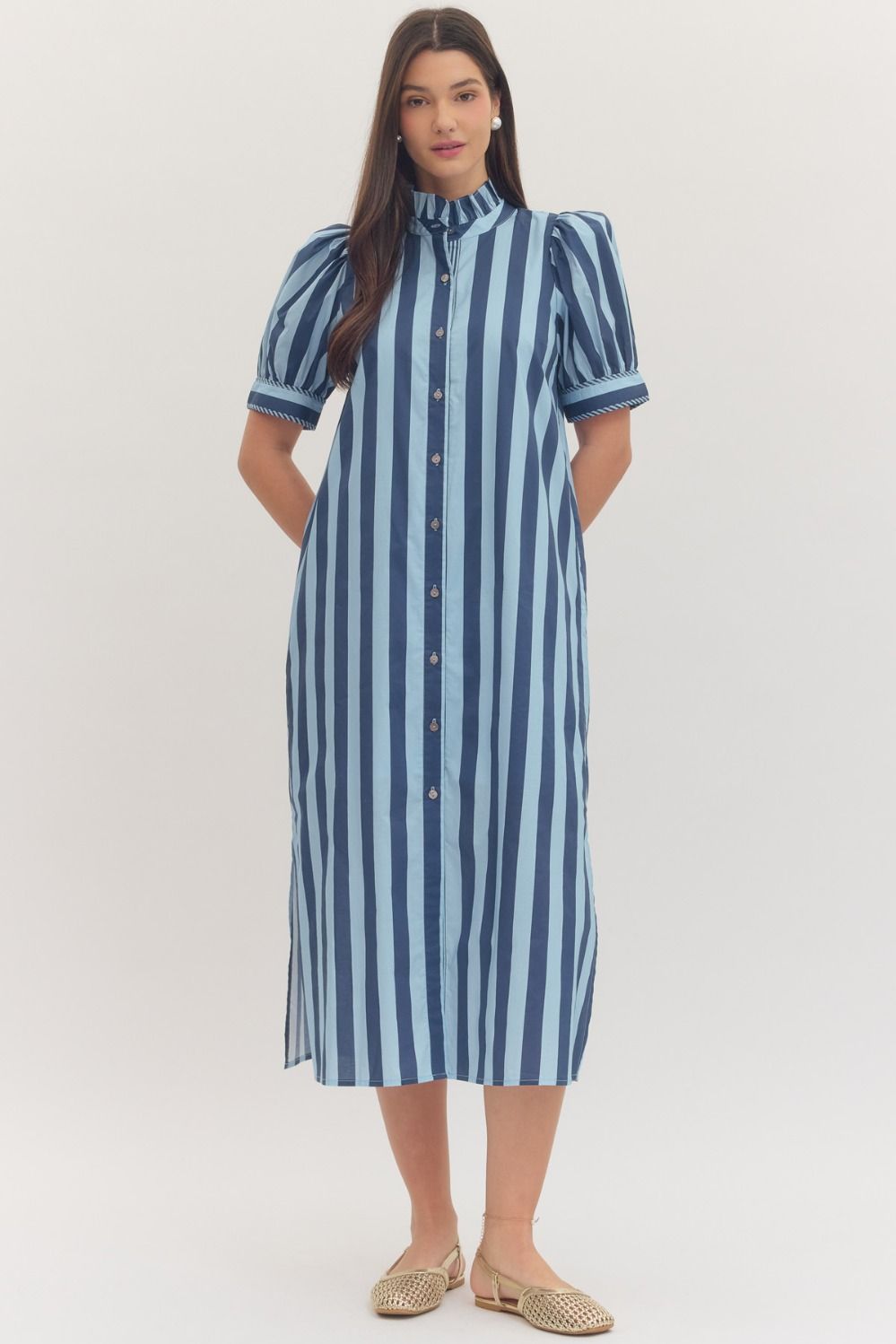 plus size navy and light blue striped midi dress