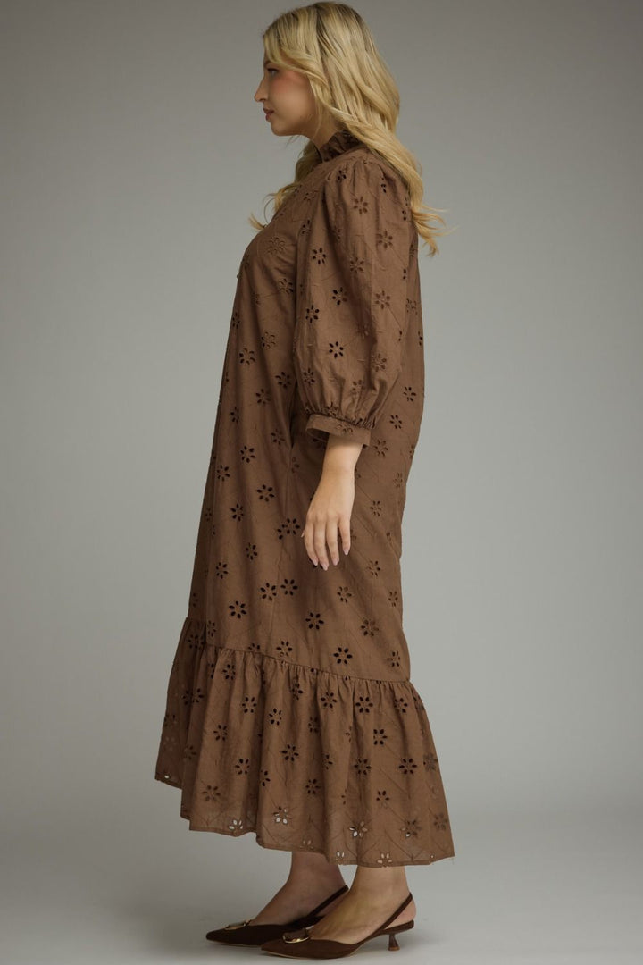 Entro brown midi dress with eyelet floral embroidery and a ruffled hem