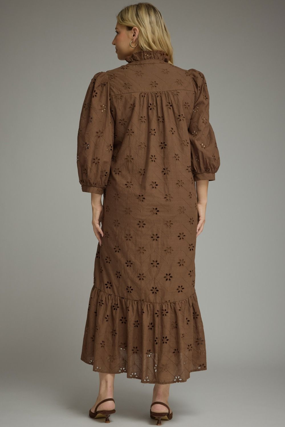 Entro brown midi dress with eyelet floral embroidery and a flattering silhouette