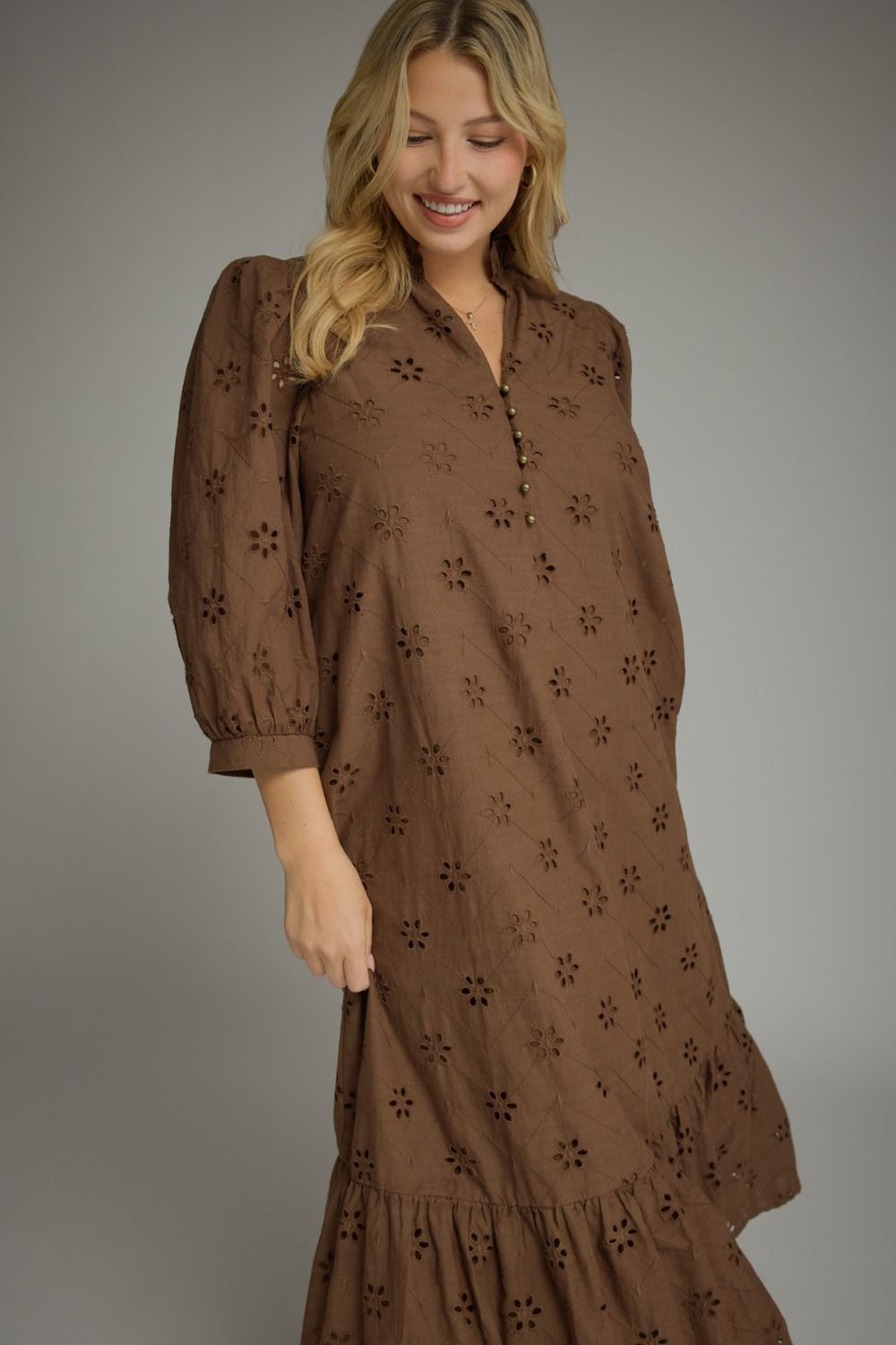 Entro brown midi dress with eyelet floral embroidery and v neckline