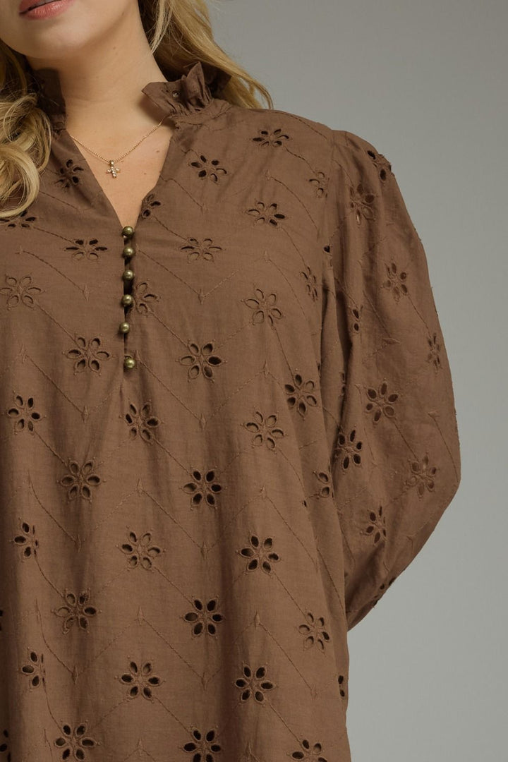 Entro brown midi dress with eyelet floral embroidery and a button front bodice