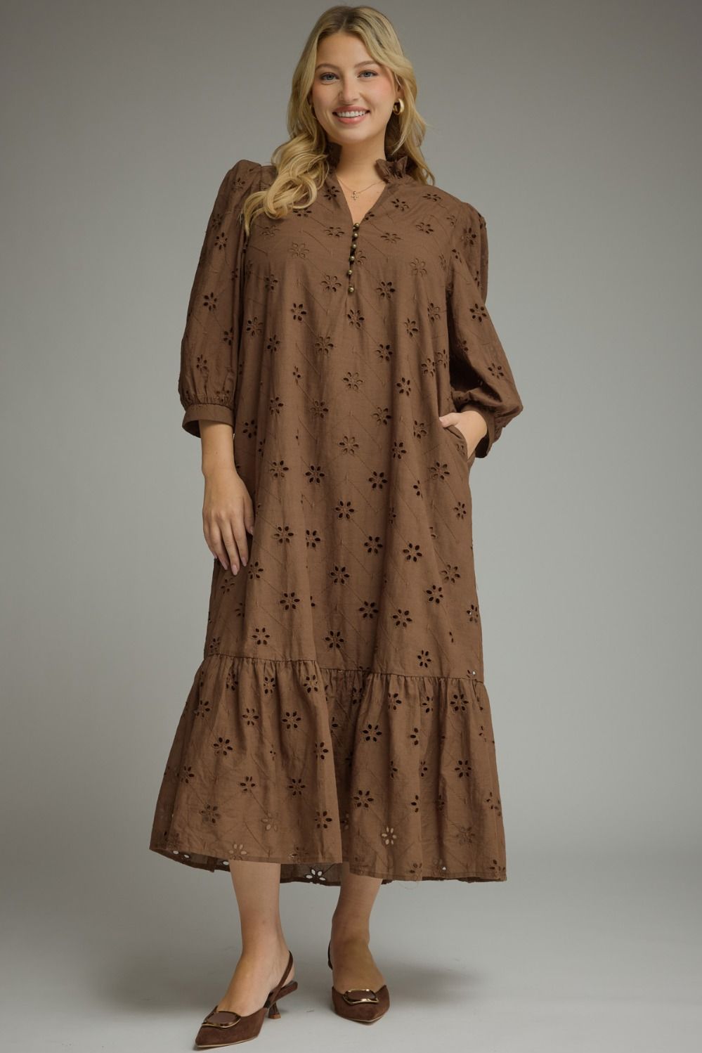 Entro brown midi dress with eyelet floral embroidery