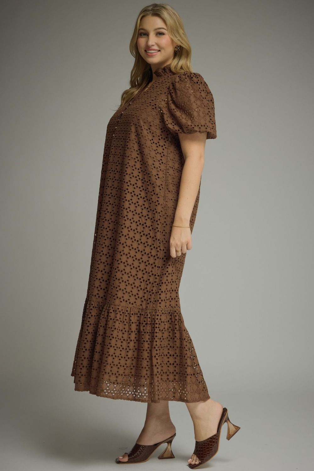 entro plus size dark brown midi dress with eyelet details and side pockets