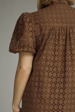 close up of women's entro brand plus size dark brown midi dress with eyelet details