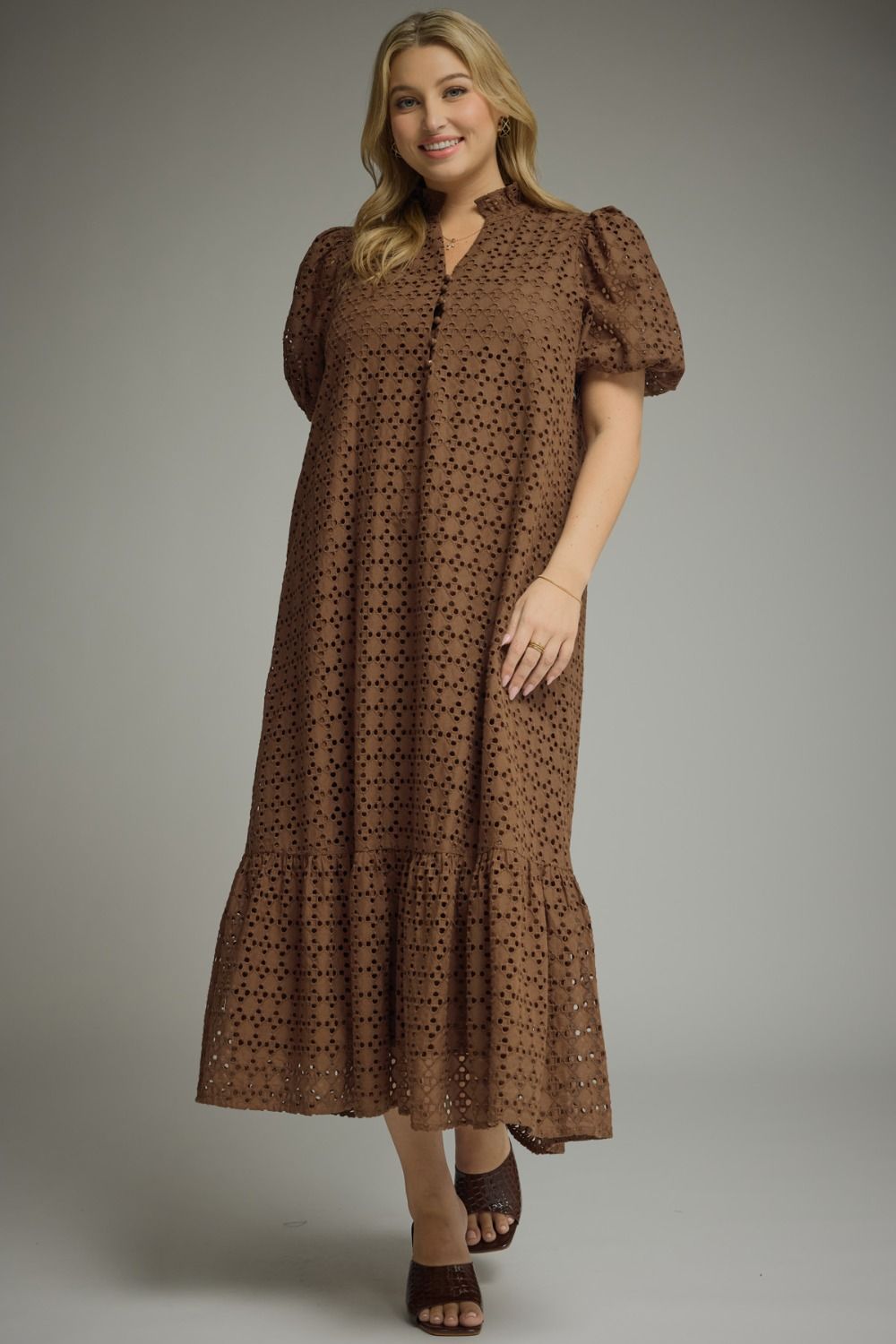 entro plus size dark brown midi dress with eyelet details