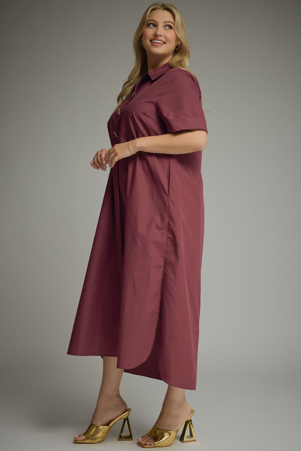 Wine colored Midi Dress With Gold Decorative Snap Bodice And Collar – Purple Door Boutique