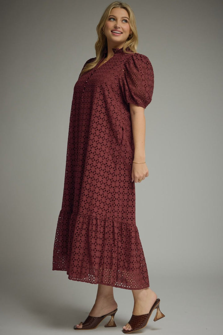 Entro brand plus size burgundy midi dress with eyelet details and pockets