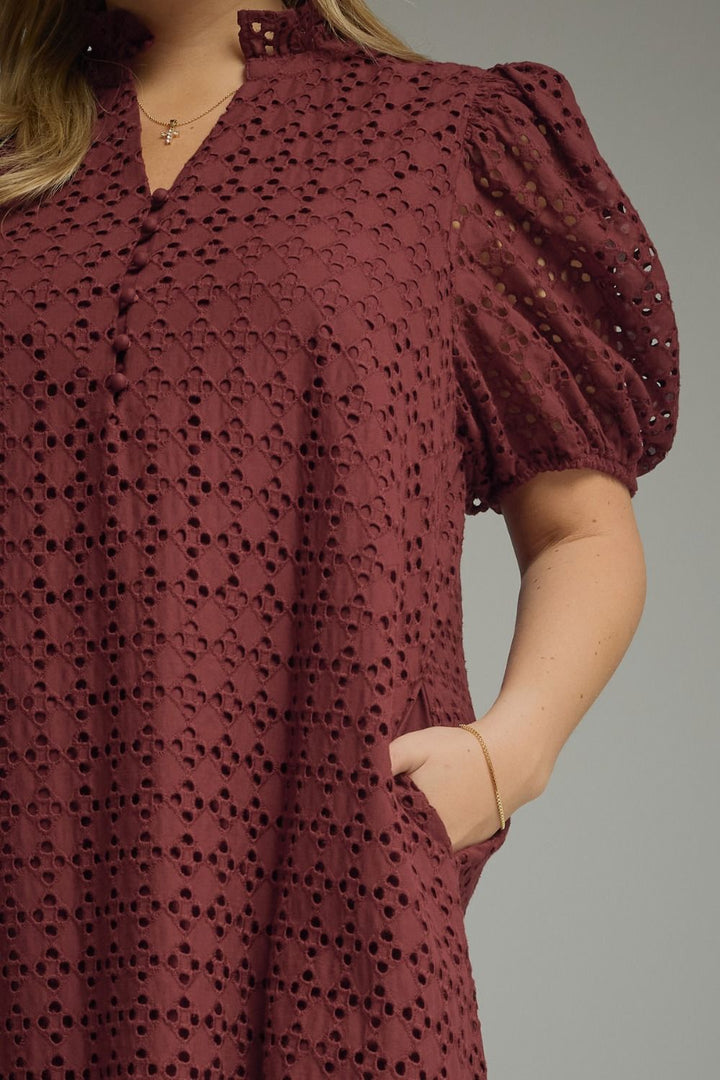 Entro brand plus size burgundy midi dress with eyelet details and front button closure