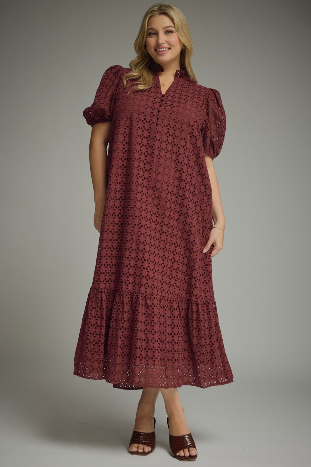 Women's Entro brand plus size burgundy midi dress with eyelet details