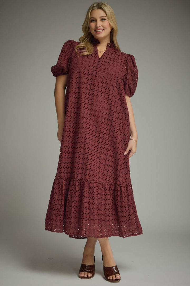 Women's Entro brand plus size burgundy midi dress with eyelet details