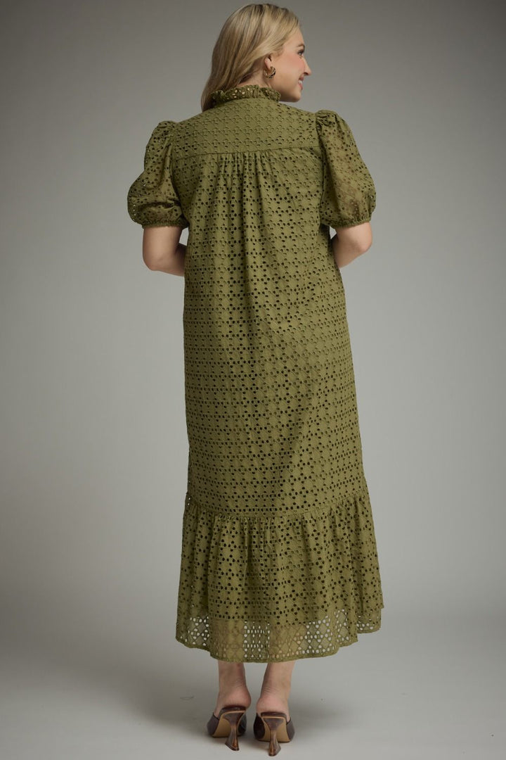 back view of entro plus size olive short sleeve midi dress