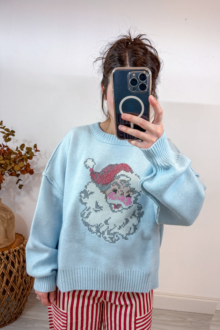 santa stitch light blue Christmas sweater details