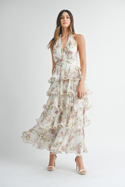 Off white floral print tiered maxi dress with halter neckline
