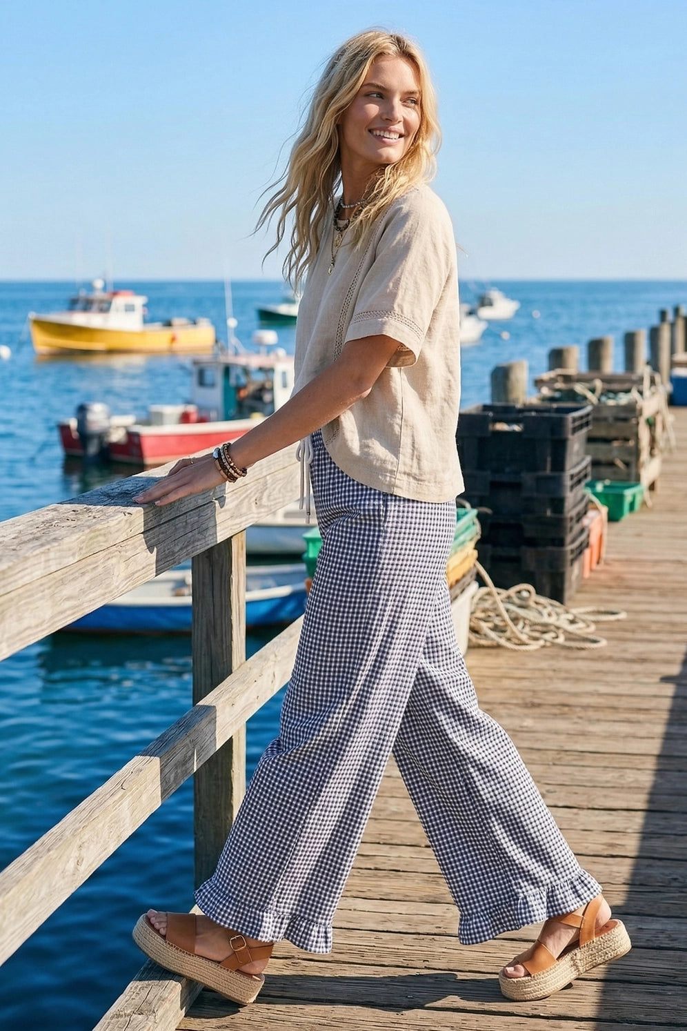 Navy and white gingham pants with pockets
