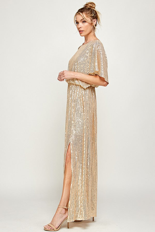 Gold sequin holiday party maxi dress
