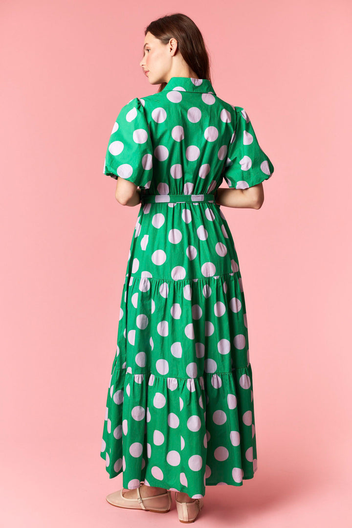 Green And Pink Polka Dot Print Tiered Maxi Dress – Purple Door Boutique