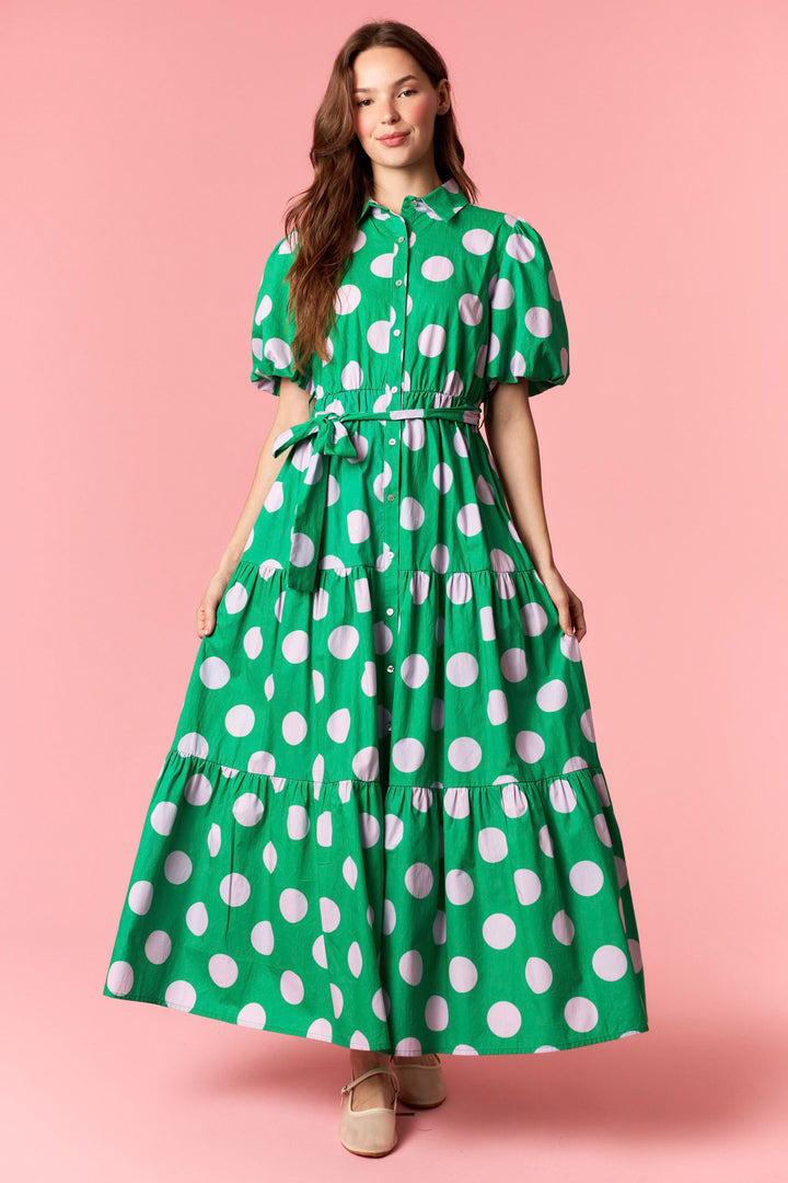 Green And Pink Polka Dot Print Tiered Maxi Dress – Purple Door Boutique