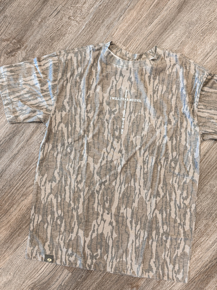 Mossy oak patterned shirt with 'PSALM 23' front