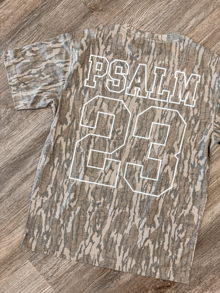 Mossy oak patterned shirt with 'PSALM 23' back