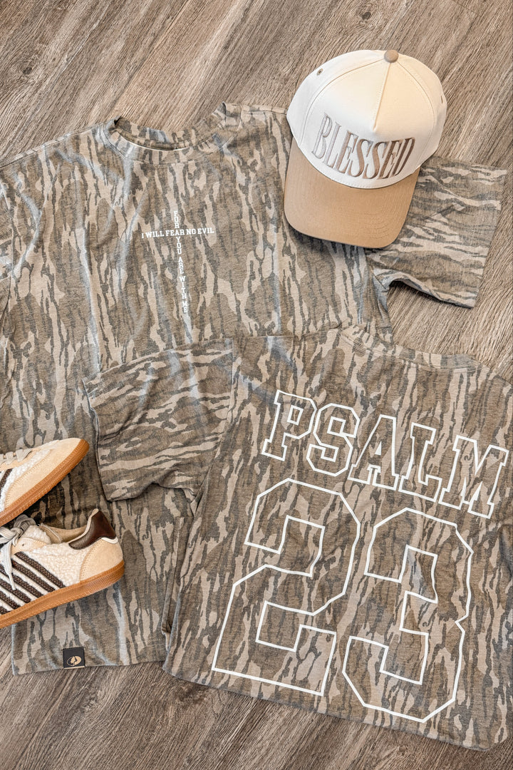 Mossy oak patterned shirt with 'PSALM 23'