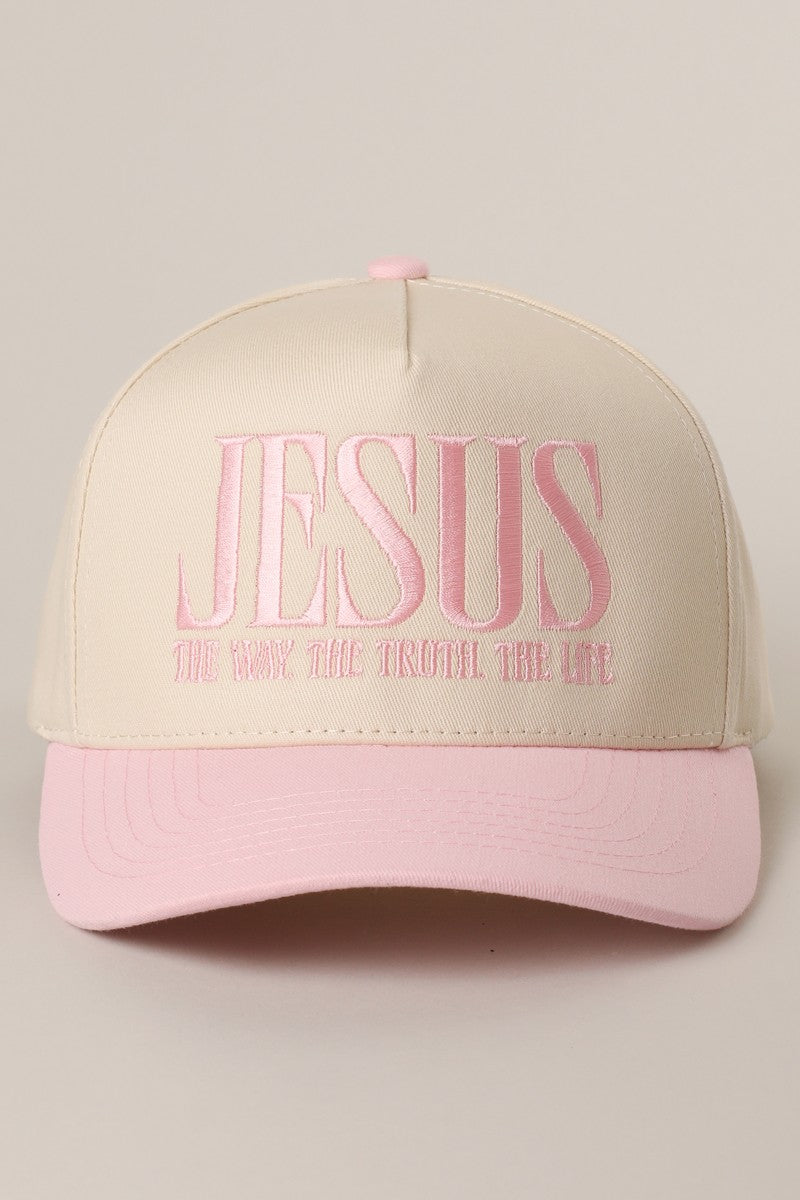 Jesus The Way The Truth The Light canvas trucker hat in light pink by Fashion City