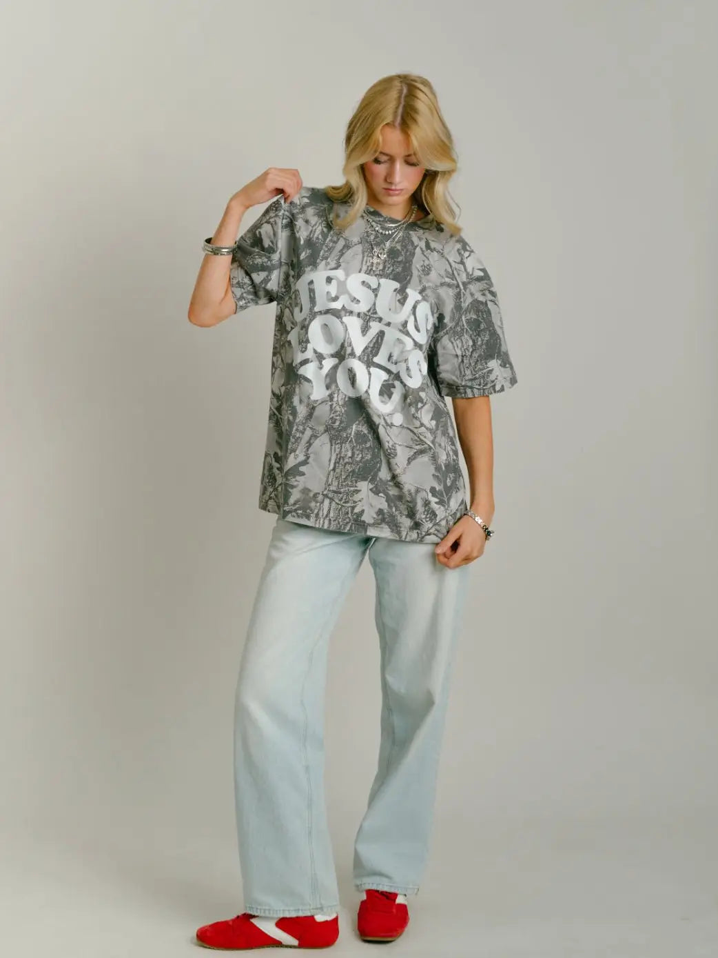jesus loves you grey camo oversized tee