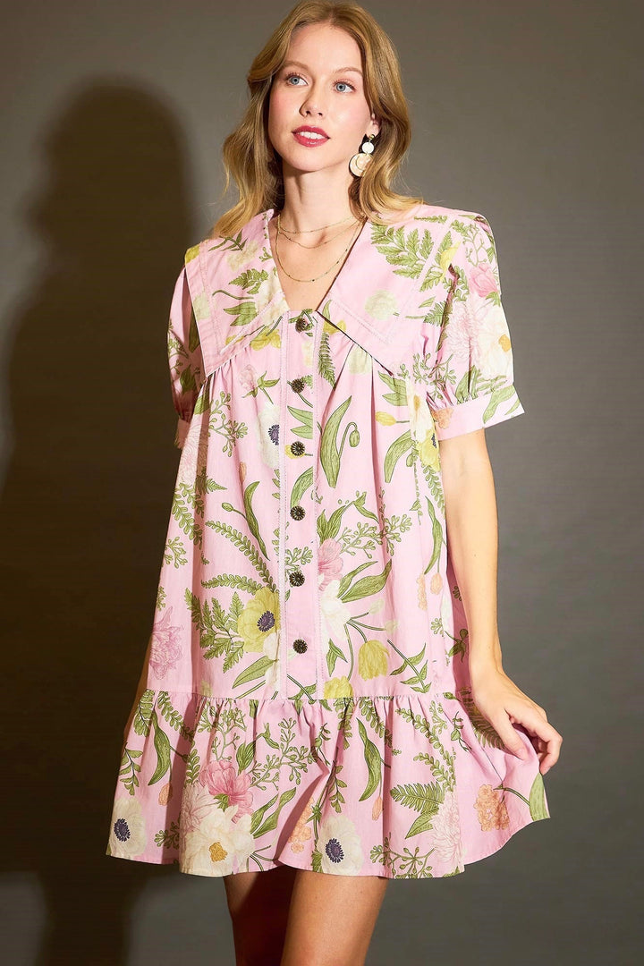 Umgee light pink button front dress with green, yellow, and cream floral print