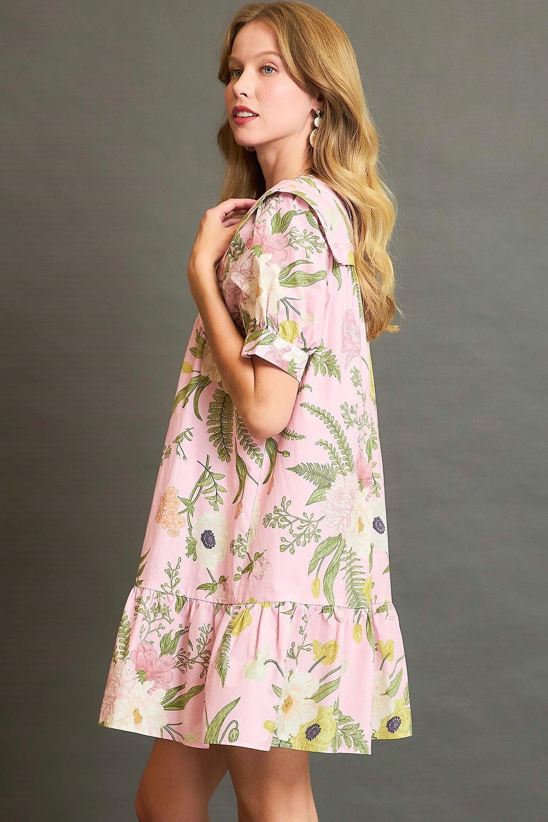 Umgee light pink button front dress with green, yellow, and cream floral print