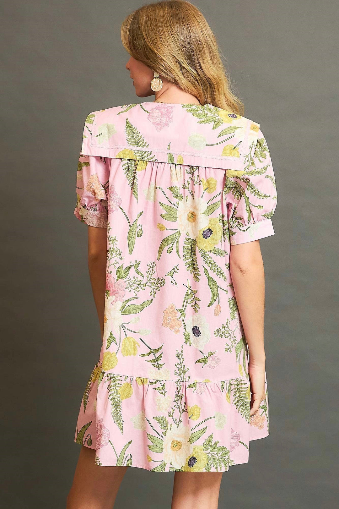 Umgee light pink button front dress with green, yellow, and cream floral print