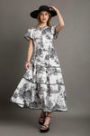 Umgee Ivory tiered maxi dress with traditional Black Willow print