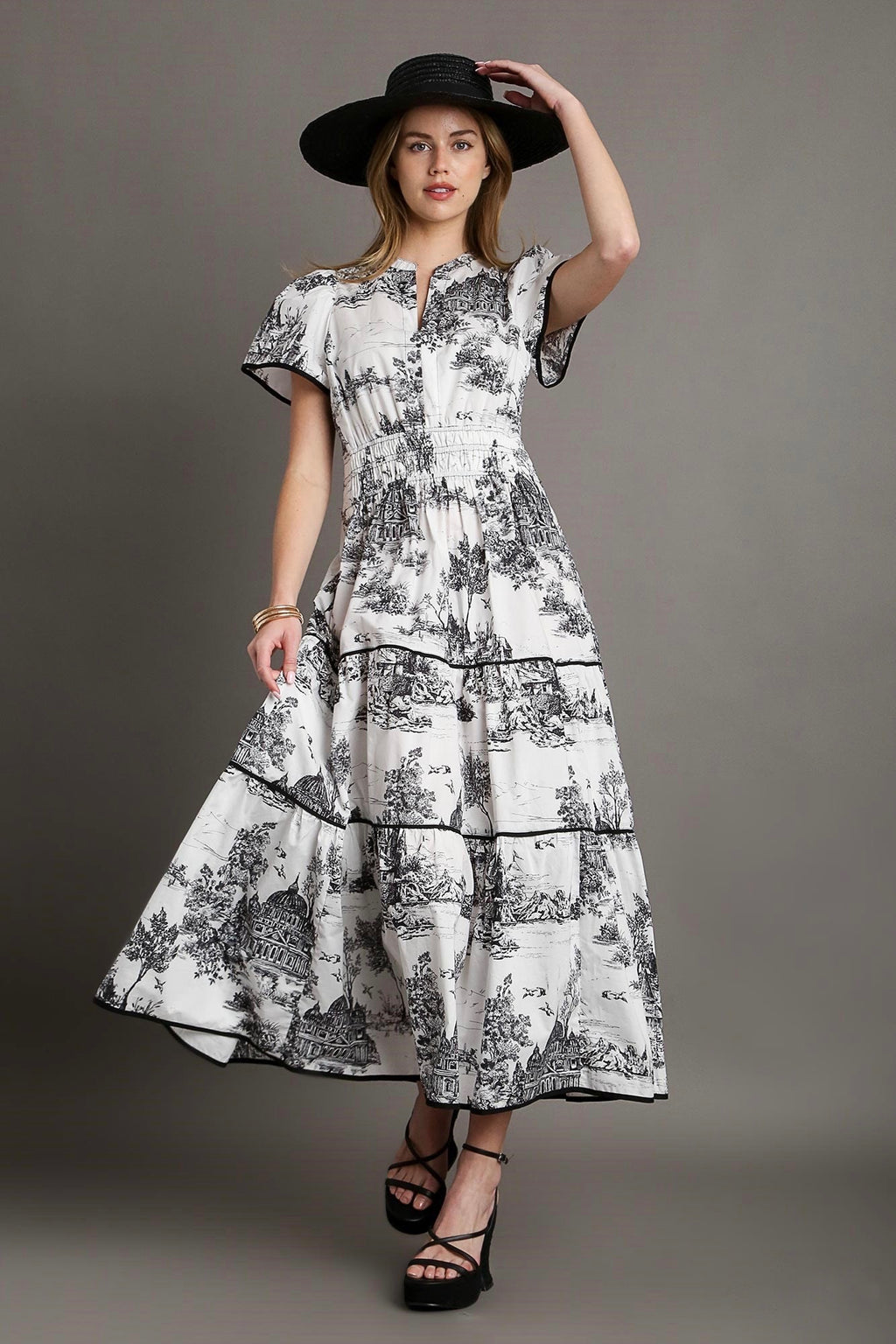 Umgee Ivory tiered maxi dress with traditional Black Willow print