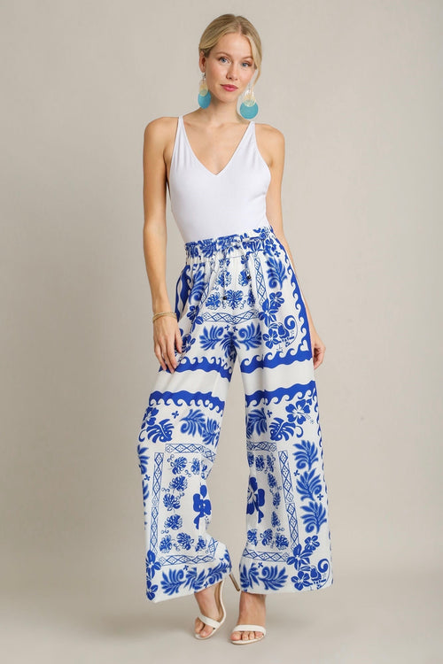 UMGEE Royal blue and ivory floral print textured wide leg pants