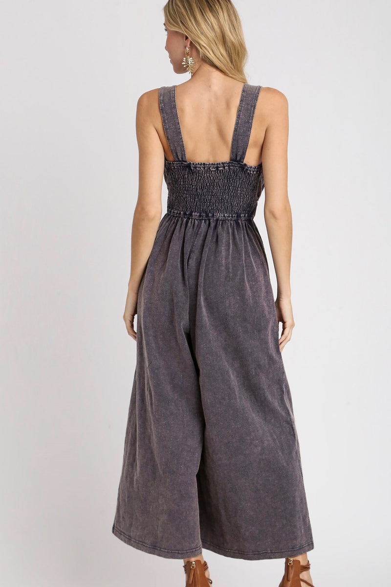 Umgee Mineral washed navy sleeveless jumpsuit with wide flowy legs