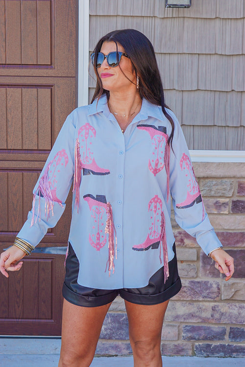 Light blue western button down top with pink fringe detail