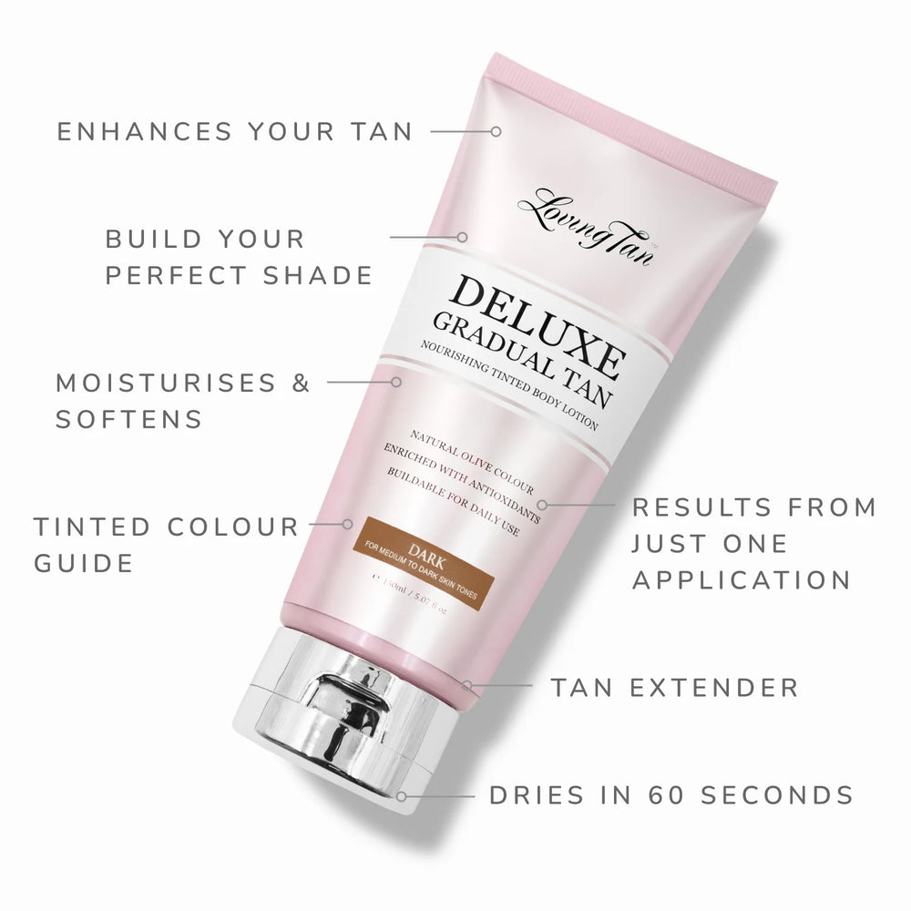 Loving Tan Deluxe Gradual Tan lotion packaging with features listed 